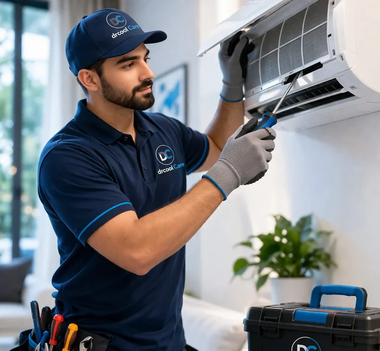 A Dr Cool Care engineer servicing a split air-conditioner indoor unit