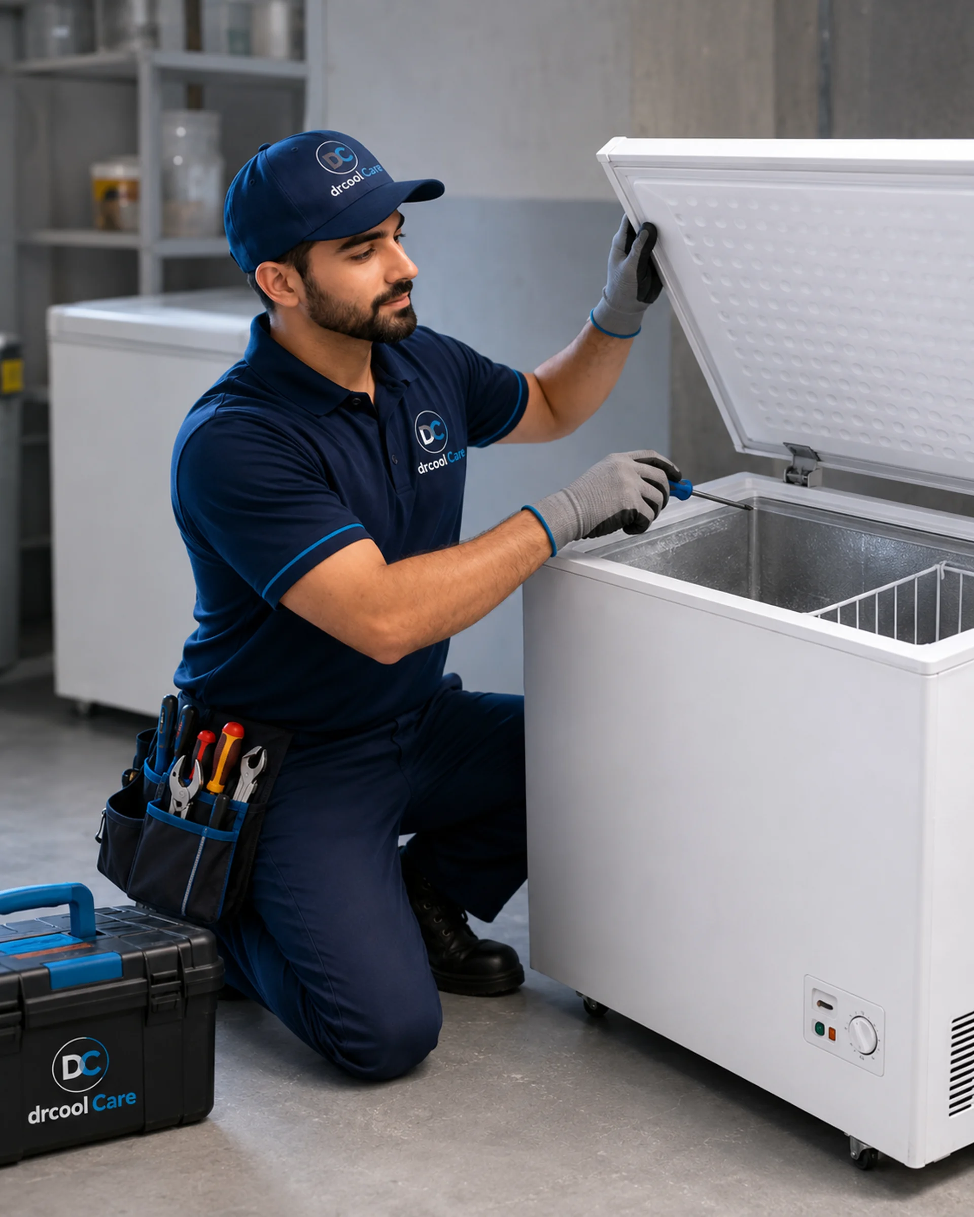 Engineer servicing a commercial chest freezer