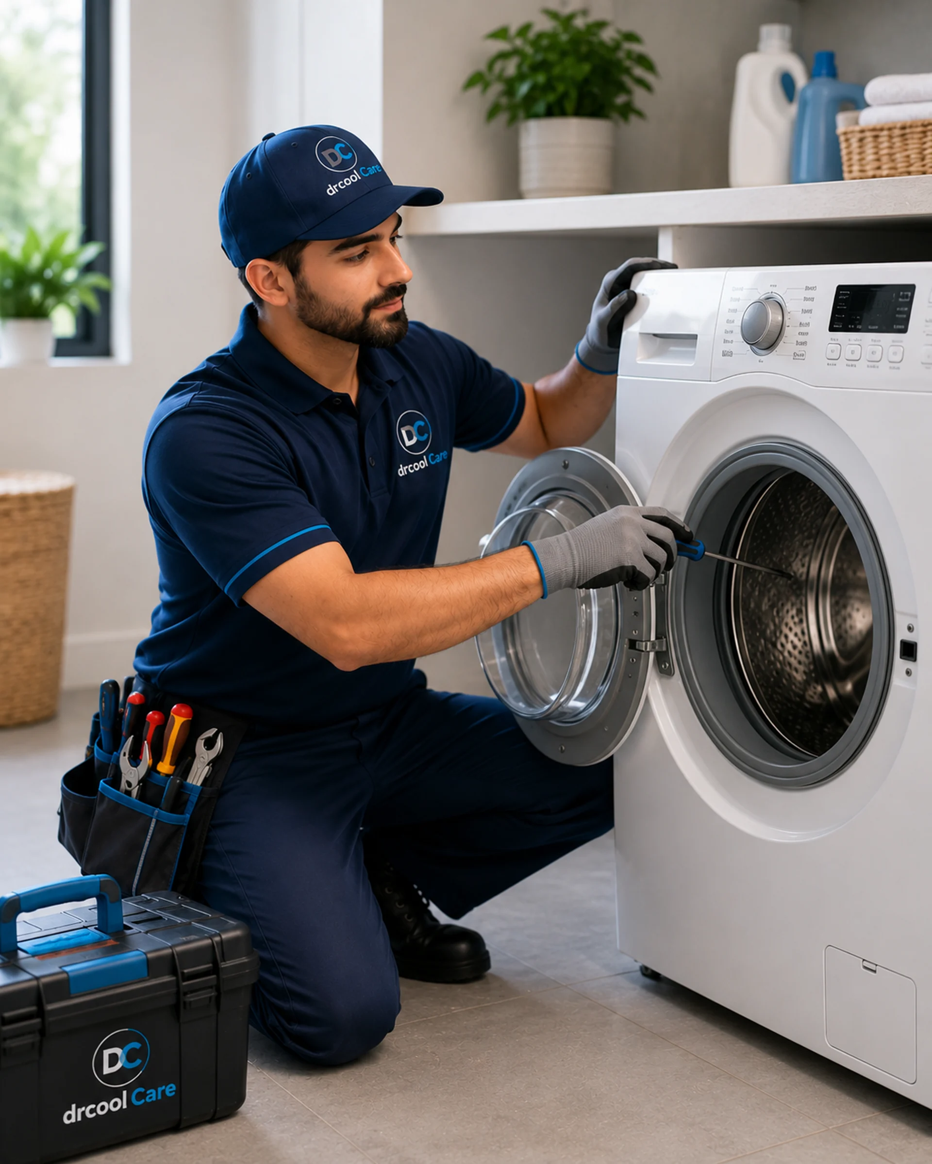 Engineer servicing the door seal of a front-load washing machine